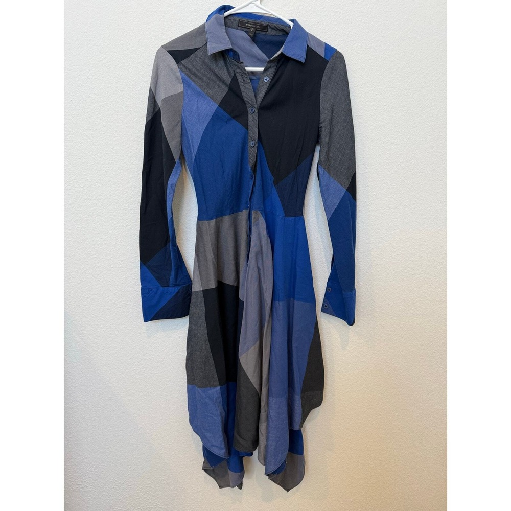 BCBGMaxazria Cotton Handkerchief-Hem Shirtdress Pockets Blue Grey Black XXS